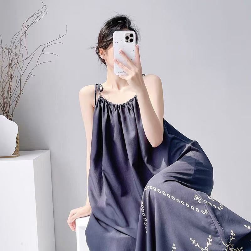 Cotton silk summer bohemian print suspender dress women's ethnic style retro loose medium and long vacation dress