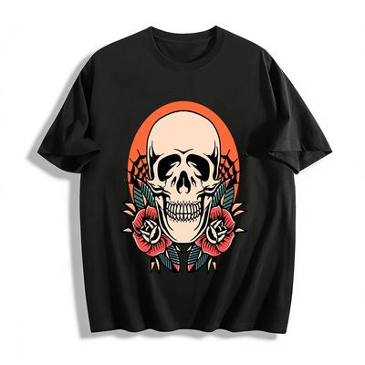 Vintage Skull Rose Print Trendy Casual Crewneck Short Sleeve T-Shirt Pure Cotton T-shirt