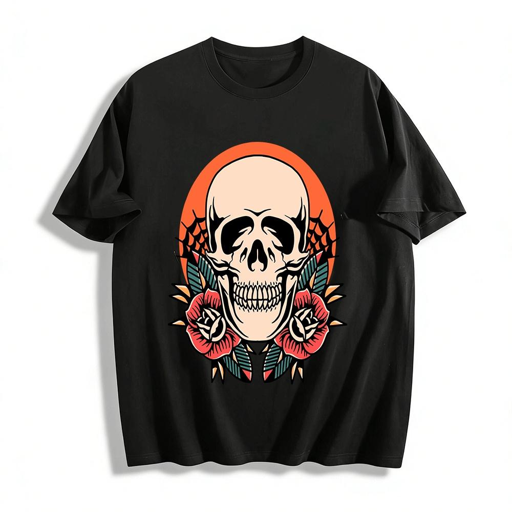

Vintage Skull Rose Print Trendy Casual Crewneck Short Sleeve T-Shirt Pure cotton T-shirt XXS