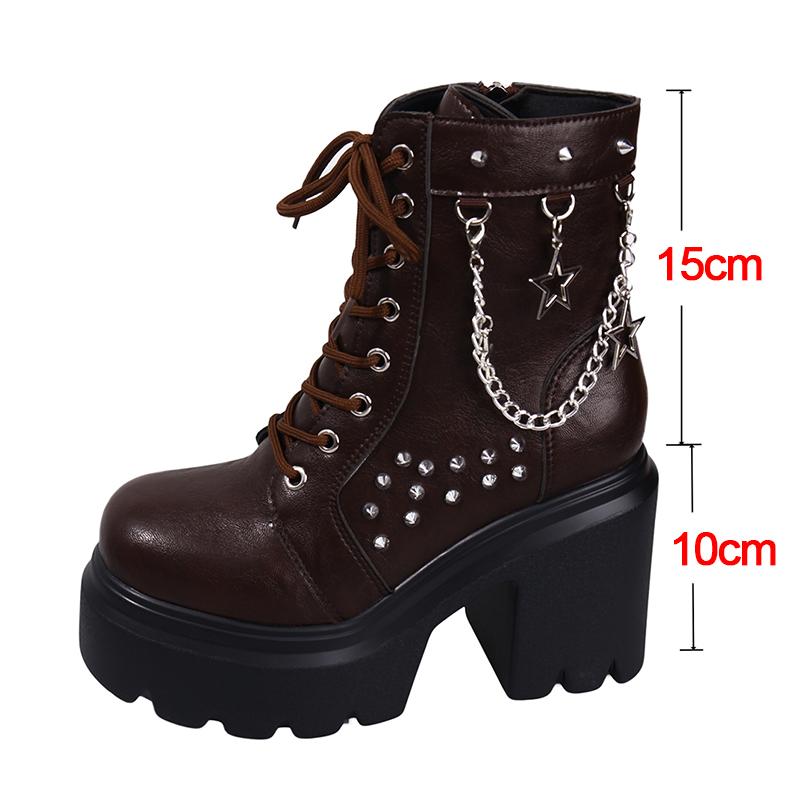 

Women s Gothic Platform Boots Punk Chunky High Heel Ankle Boots Rivet Chain Decor Black Motorcycle Booties Woman Fashion Shoes 42 коричневый