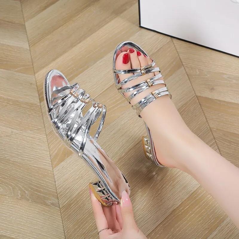 Women's Slippers Square Heel Narrow Band Rhinestones Anti-slip Shoes Women Dress Outdoor Roman Mature Summer Zapatillas De Mujer