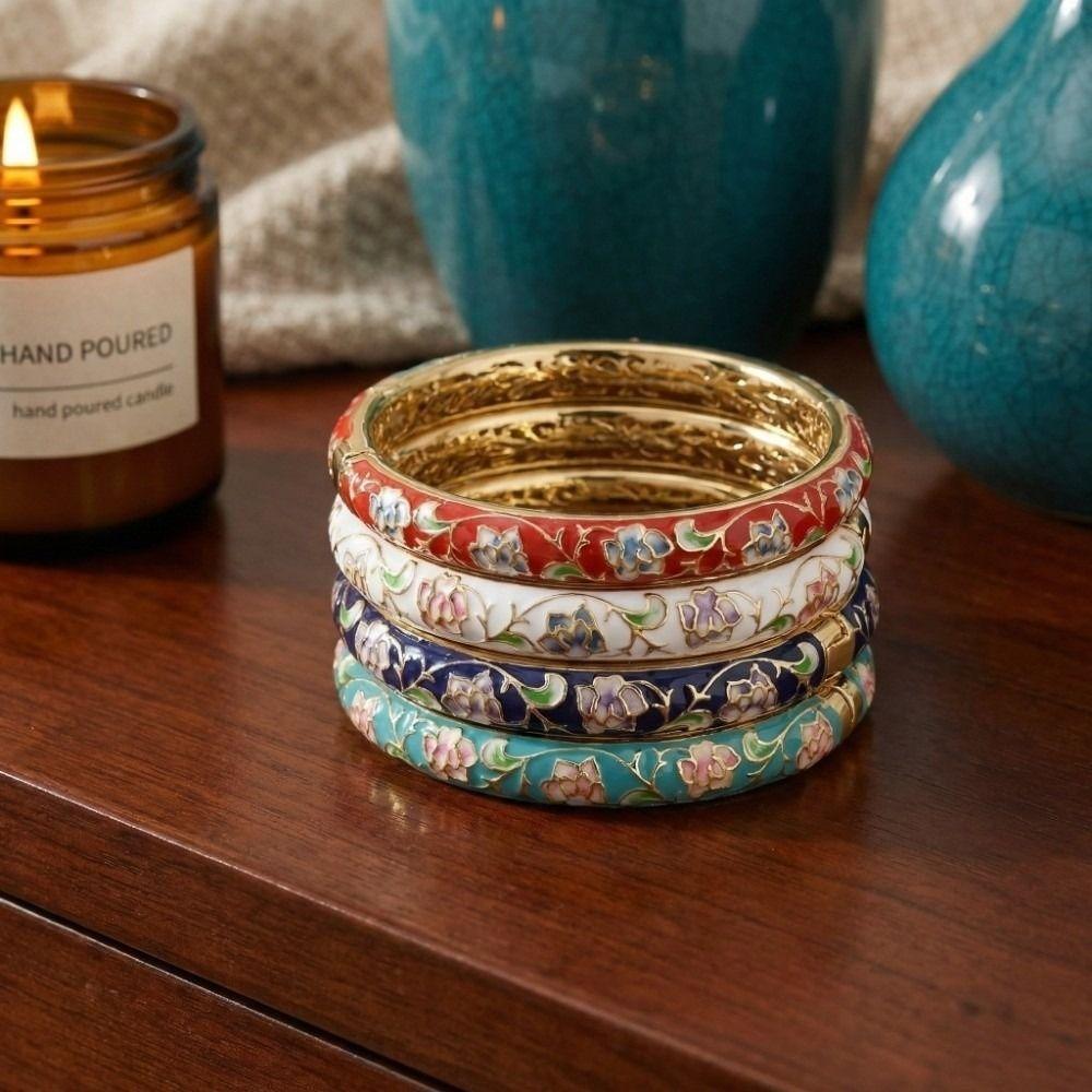 Enamel Vintage Cloisonne Bangle Traditional Chinese Chinese Peony Flower Bangle Peony Floral Classic Women's Hand Bracelet