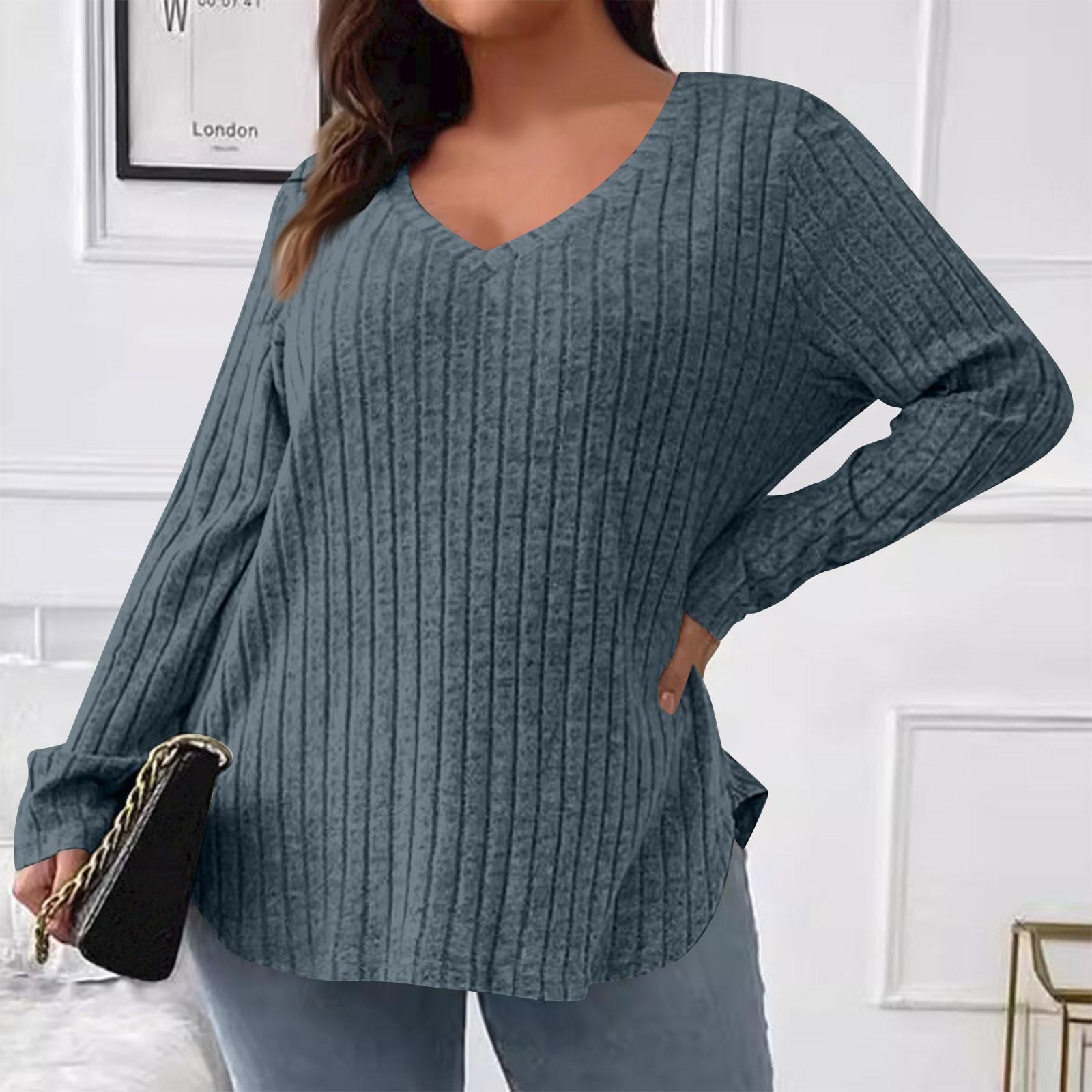 

Женские и зимние однотонные женские топы больших размеров с V-образным вырезом и длинными рукавами в полоску, свободный пуловер, футболка XXL