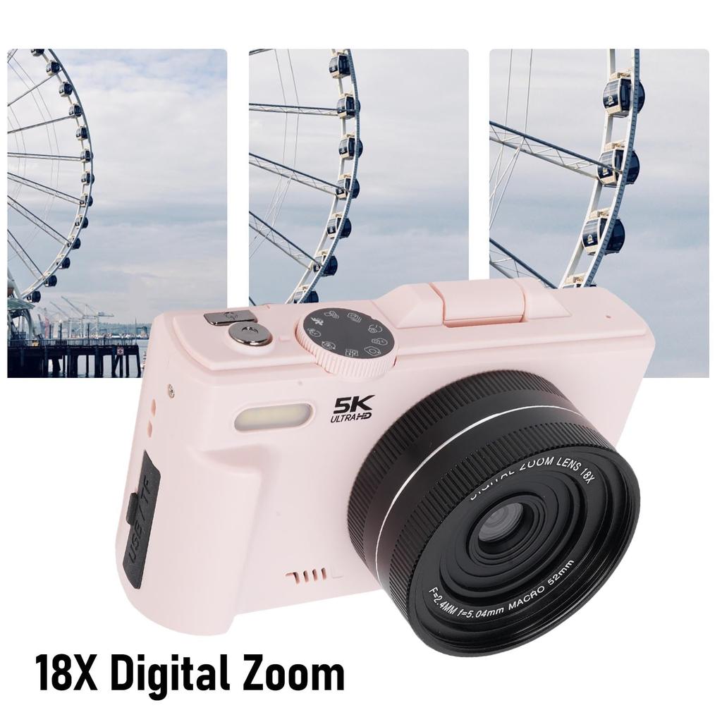 VBESTLIFE 5K Digitalkamera für Fotografie, WiFi 75MP Vlogging-Kamera mit 18x Zoom, 0,45x Weitwinkel-Makroobjektiv, 3" 180° Klappbildschirm Kompakt