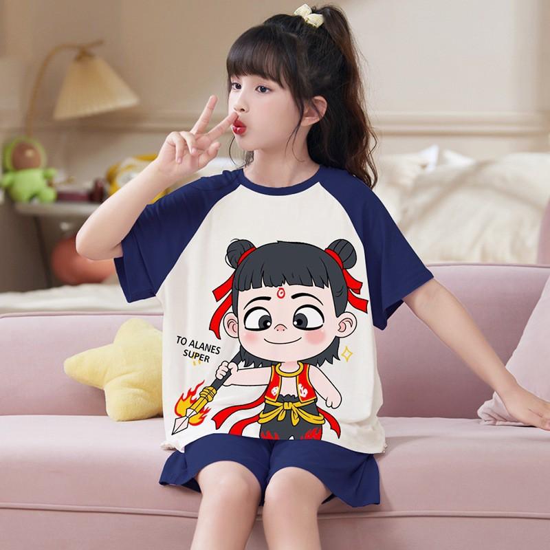 Girls Modal Cotton Pajama Set Short Sleeve Lightweight Sleepwear Cartoon Print Home Outfit Kids