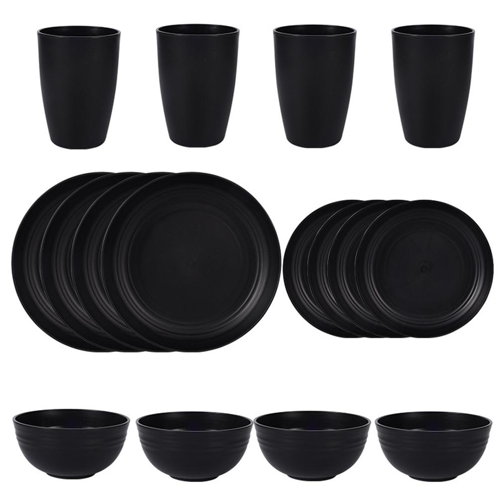 16Pcs Portable Cutlery Set Reusable Wheat Straw Dinnerware Suit Multi-Purpose Lightweight Dish Cup Bowl Set for Travel BBQ Use