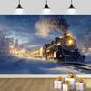1 Polar Express background banner - Retro steam locomotive in snowy winter, falling snowflakes, Christmas, wedding, birthday