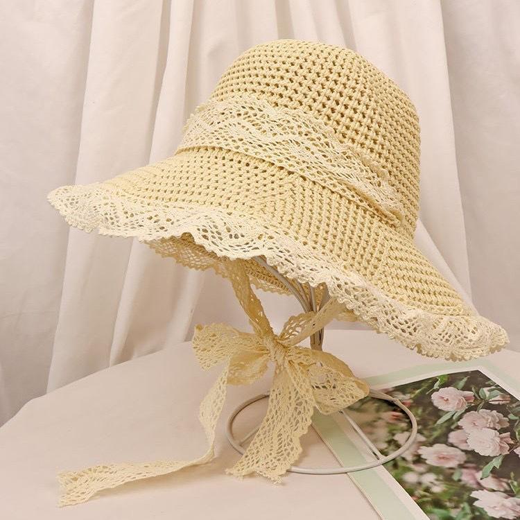 Straw Hat Women's New Small Fresh Lace Straw Hat Summer Travel Sun Protection Hat Big Brim Beach Sun Hat