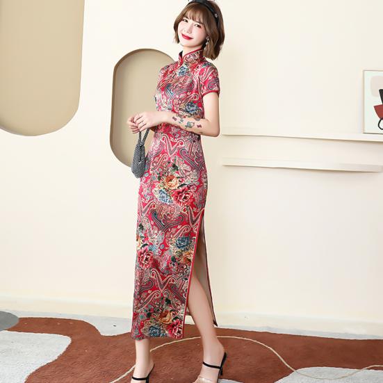 Lady Petticoats Plus Size Women Cheongsam Floral Print Slim Short Sleeve Splits Midi Dress for Party