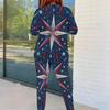 Women Plus Size Red Navy Star Printed Two Piece Set Round Neck Long Sleeve Top Fitted Pants