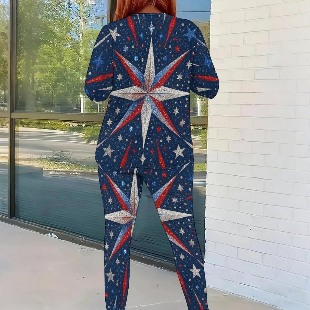 Women Plus Size Red Navy Star Printed Two Piece Set Round Neck Long Sleeve Top Fitted Pants