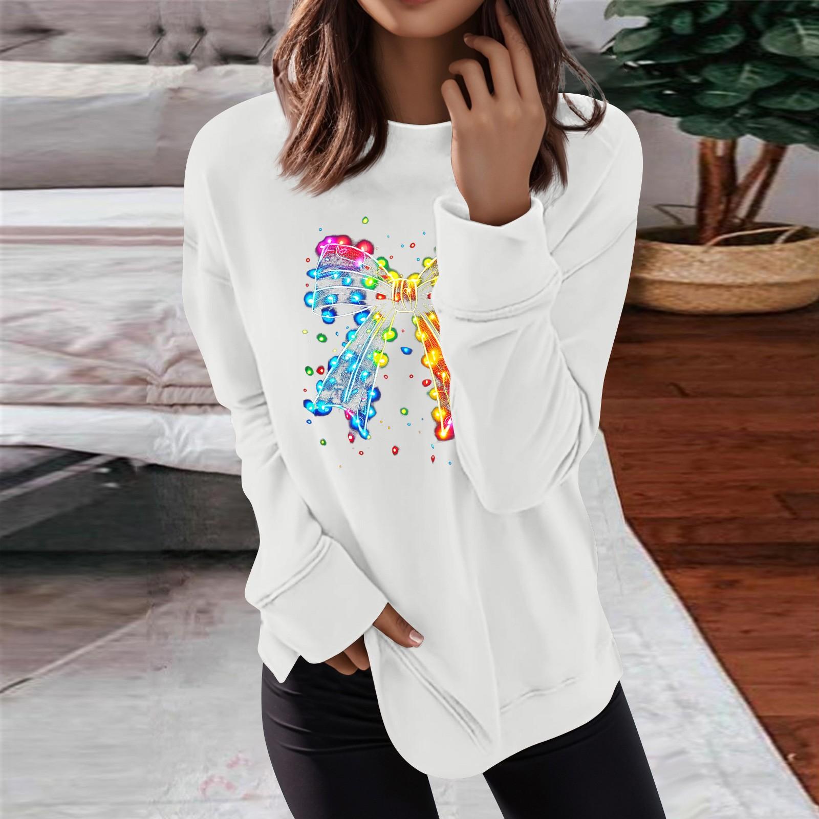 

Женская мода повседневная рождественская бантовая печать круглый вырез топ XL белый