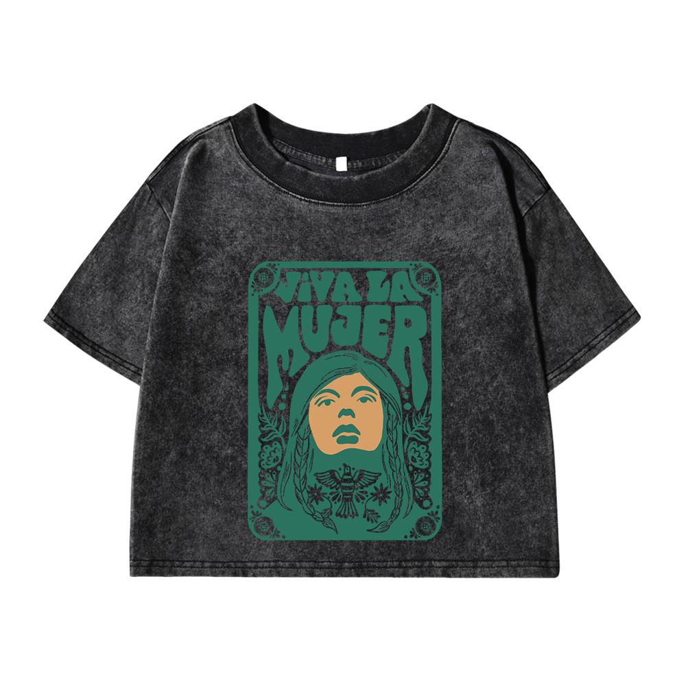 Women'S Cotton Crop Tees Trend Regular Fit Distressed Washed T-Shirts A Woman'S Face Printing Short Sleeve Street Clothes