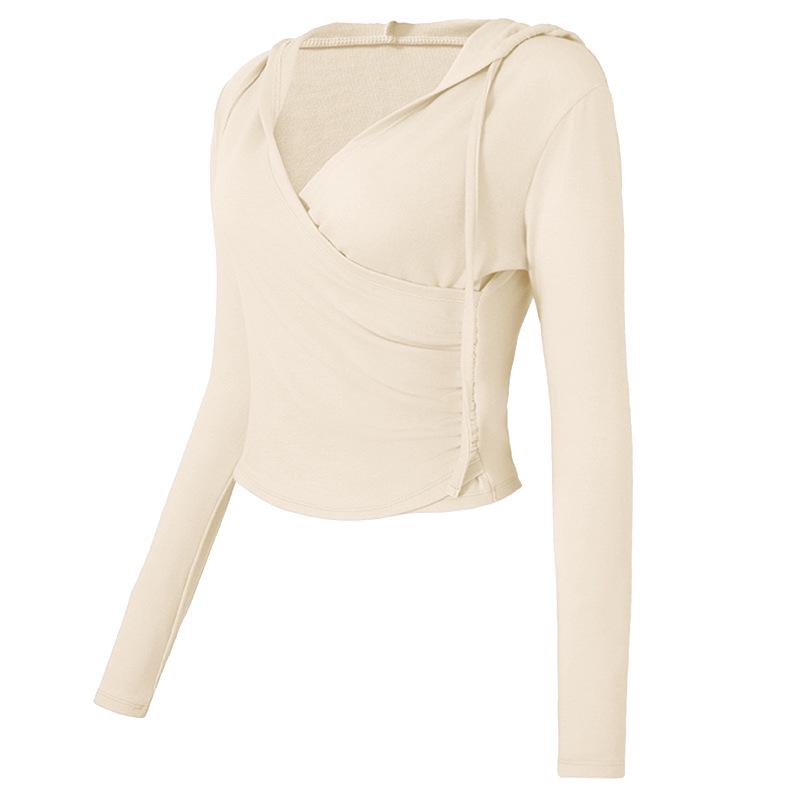 Women's Hooded Slim-Fit V-Neck Yoga Suit - Autumn & Winter Long-Sleeved Fitness Top for Running & Pilates