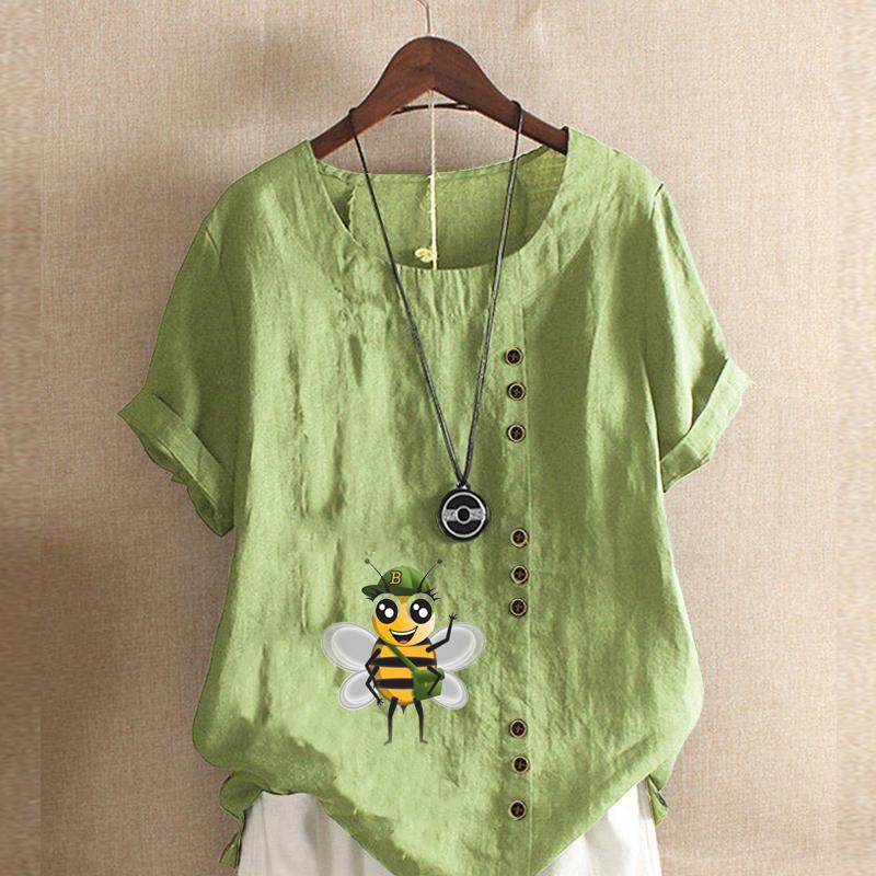 

Женская модная футболка с круглым вырезом и коротким рукавом, повседневная рубашка из хлопка и льна с принтом, свободная летняя блузка с принтом медоносной пчелы, топы 5XL зелёный
