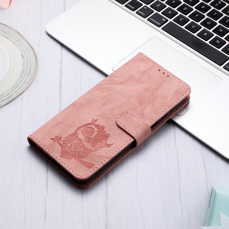 Embossed Owl Phone Case for Xiaomi Redmi Note 14 14S 13 12 12S 11 10 Redmi 14C 13C 12 12C 10C 9C Wrist Strap Wallet Case for Poco C75 C61 M7 X6