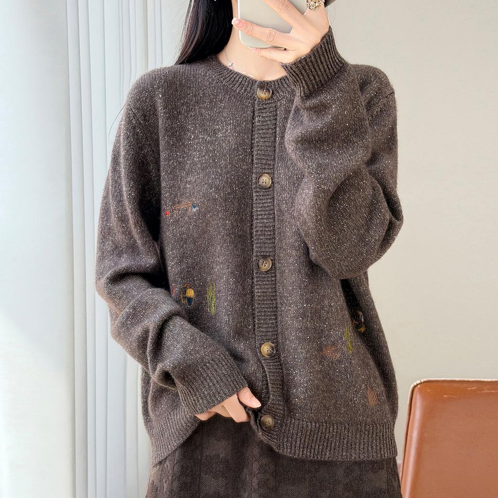 Women Autumn Winter Knit Cardigan Retro Fair Isle Pattern Round Neck Long Sleeve Loose Wool Blend Sweater Coat Casual Outerwear