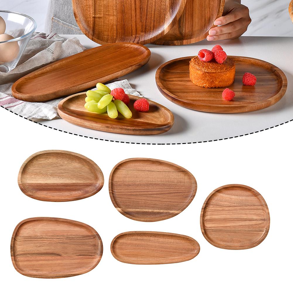 1PC Irregular Oval Wooden Dinner Plate Serving Tray Solid Wood Dinner Plates For Dishes Snack Fruit Dessert Home Decoration