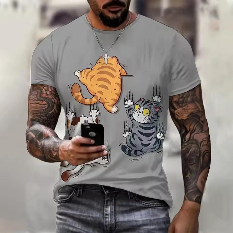 Sommer T-skjorte for menn Kattetrykk Uformelt kortermet 3d-t-skjorte mote Streetwear Pullover med rund hals Oversized herreklær