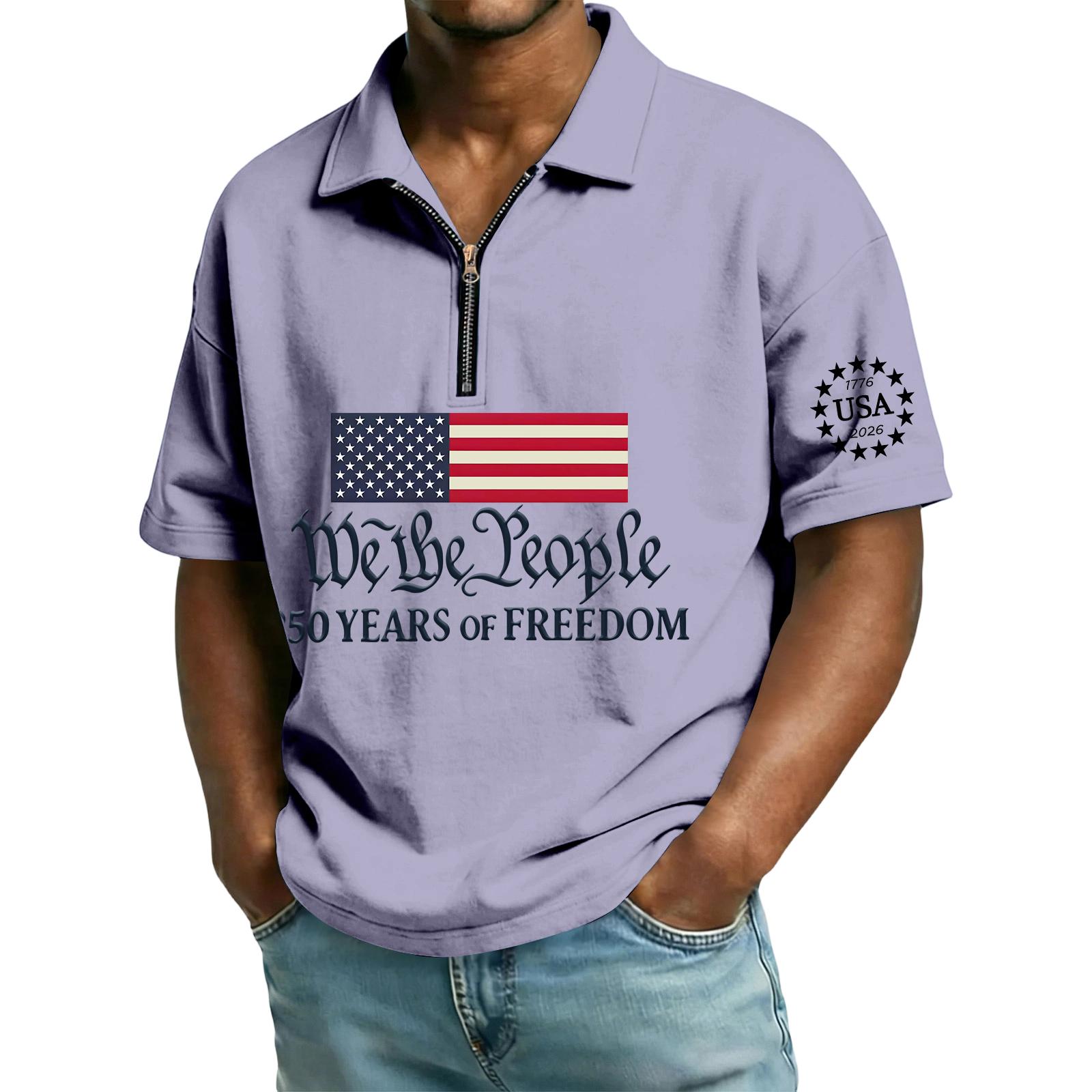 

Men s Casual Loose American Independence Day Printed T-shirt Lapel Short Sleeve Daily Tops XXXL фиолетовый