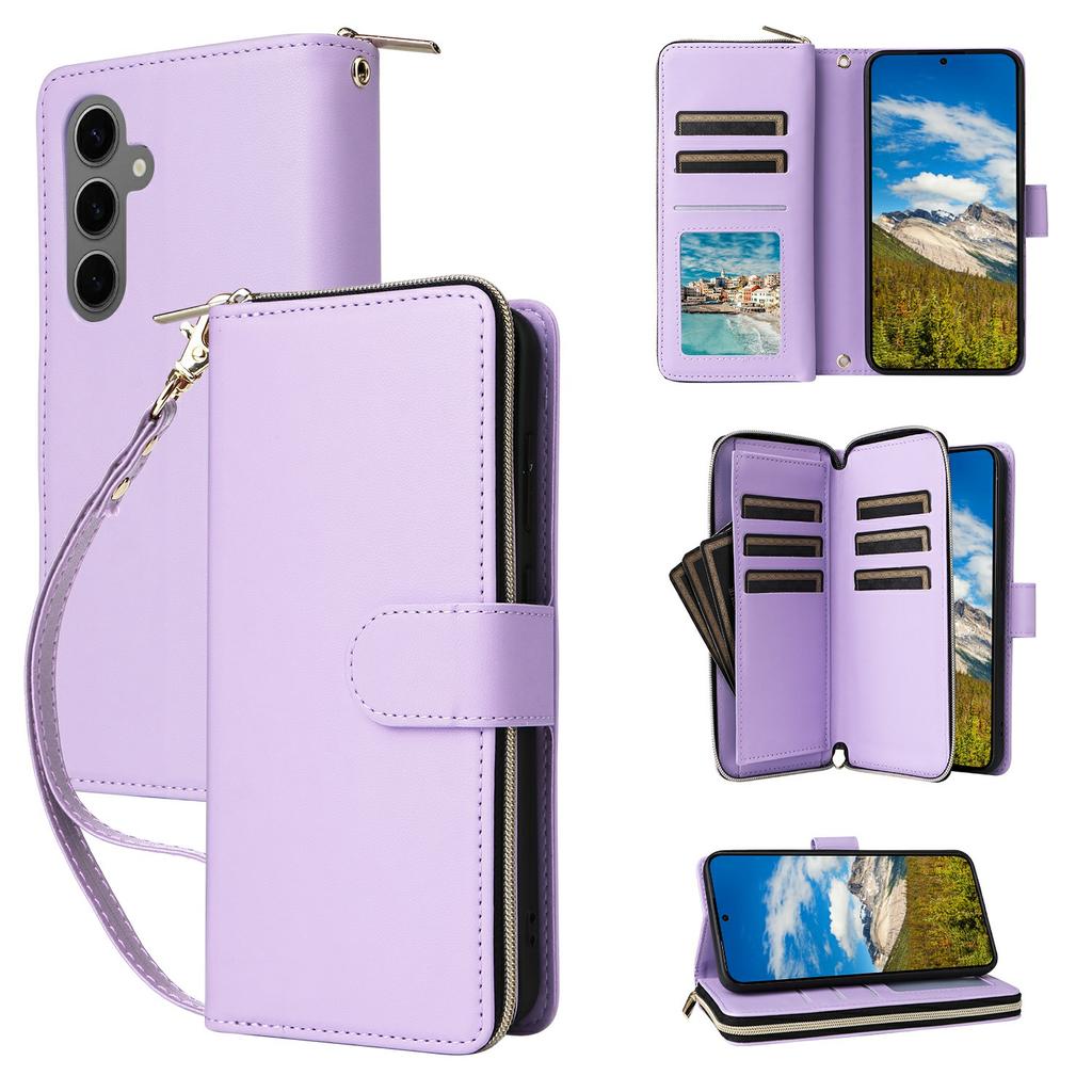 For Samsung Galaxy S25+/S24+ Case Zipper Pocket PU Leather Cover with 9 Card Slots