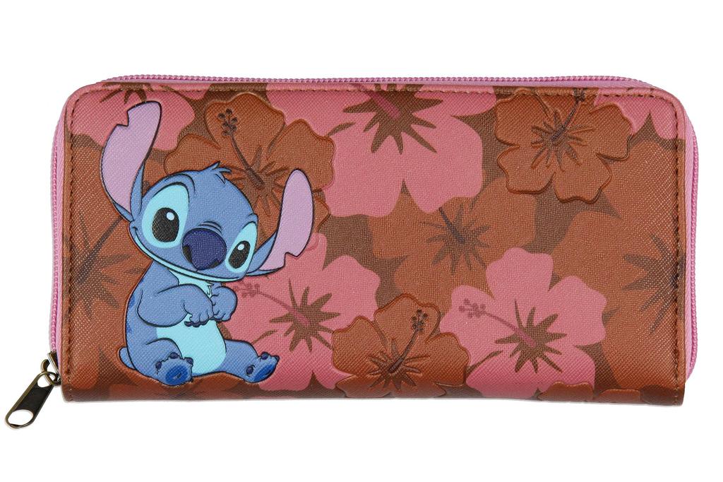 Bioworld Disney Lilo & Stitch All-Over Floral Stamp Design Stitched Faux Leather Full-Zip Wallet Bifold
