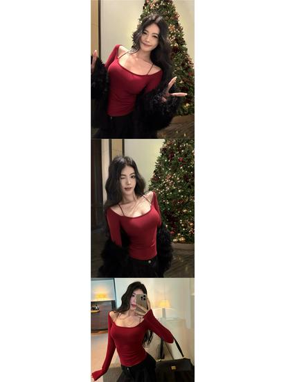 2026 Spring/Autumn Pure Desire One-Shoulder Strappy Long Sleeve Top - Casual & Versatile