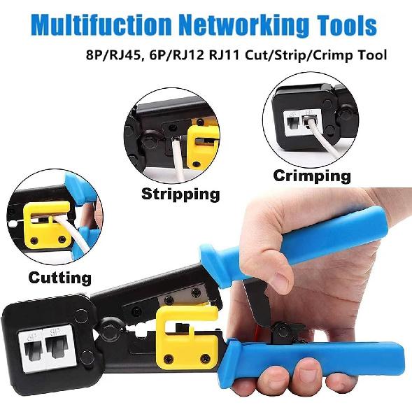 RJ45 Crimp Tool Kit Pass Through, Cat5 Cat5e Cat6 RJ45 Ethernet Crimping Tool with 20PCS Cat6 1.1mm Pass Through Connectors, 20PCS Covers, Cable