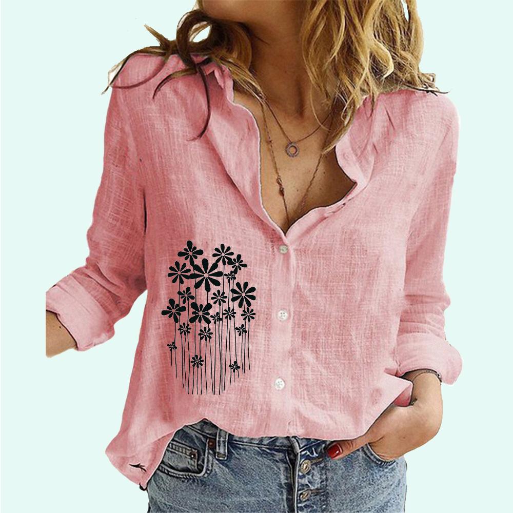 Women Fashion Floral Printed Blouses Female Lapel Neck Cotton Linen Top Casual Loose Buttoned Long Sleeve T-shirt