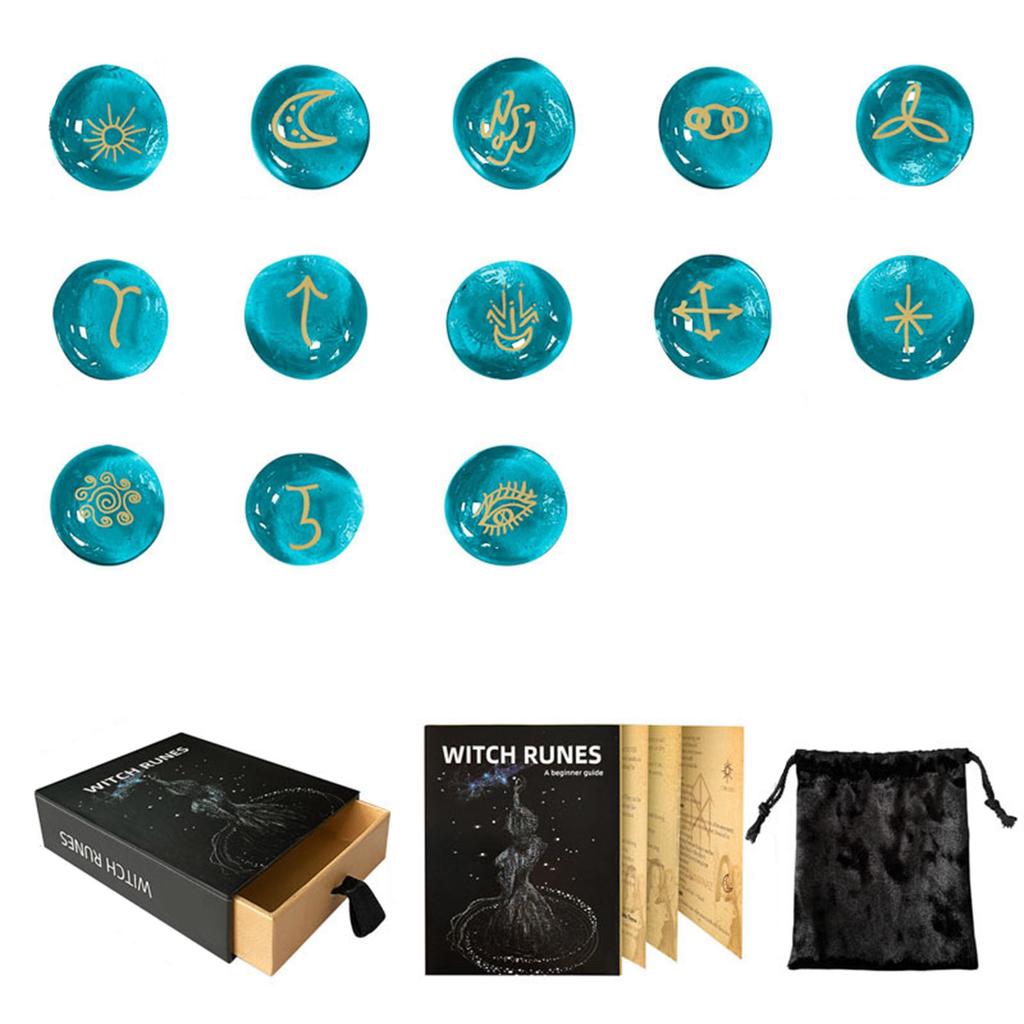 13Pcs Glass Runes Stone with Instruction and Storage Bag Irregular Divination Runes Stone Metaphysical Heal Runes