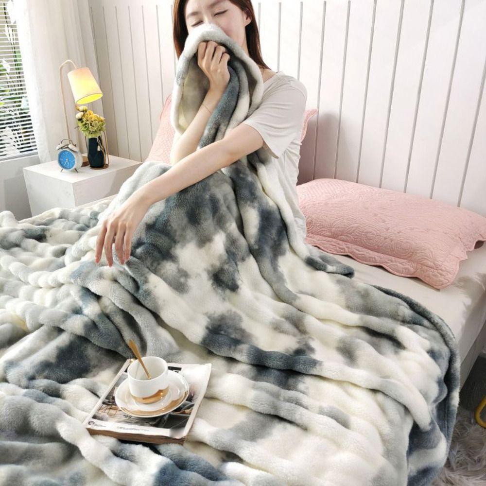 New Faux Rabbit Fur Warm Blanket Double Sided Skin-Friendly Throw Blanket Ultra Soft Solid Color Plush Striped Blankets