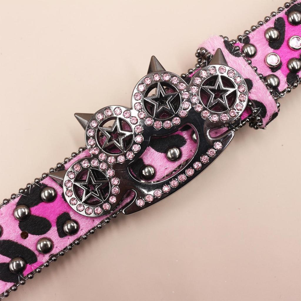 Leopard Print Rhinestone Knuckle Duster Punk Belt - Y2K European & American Style Women's Decorative Accessory