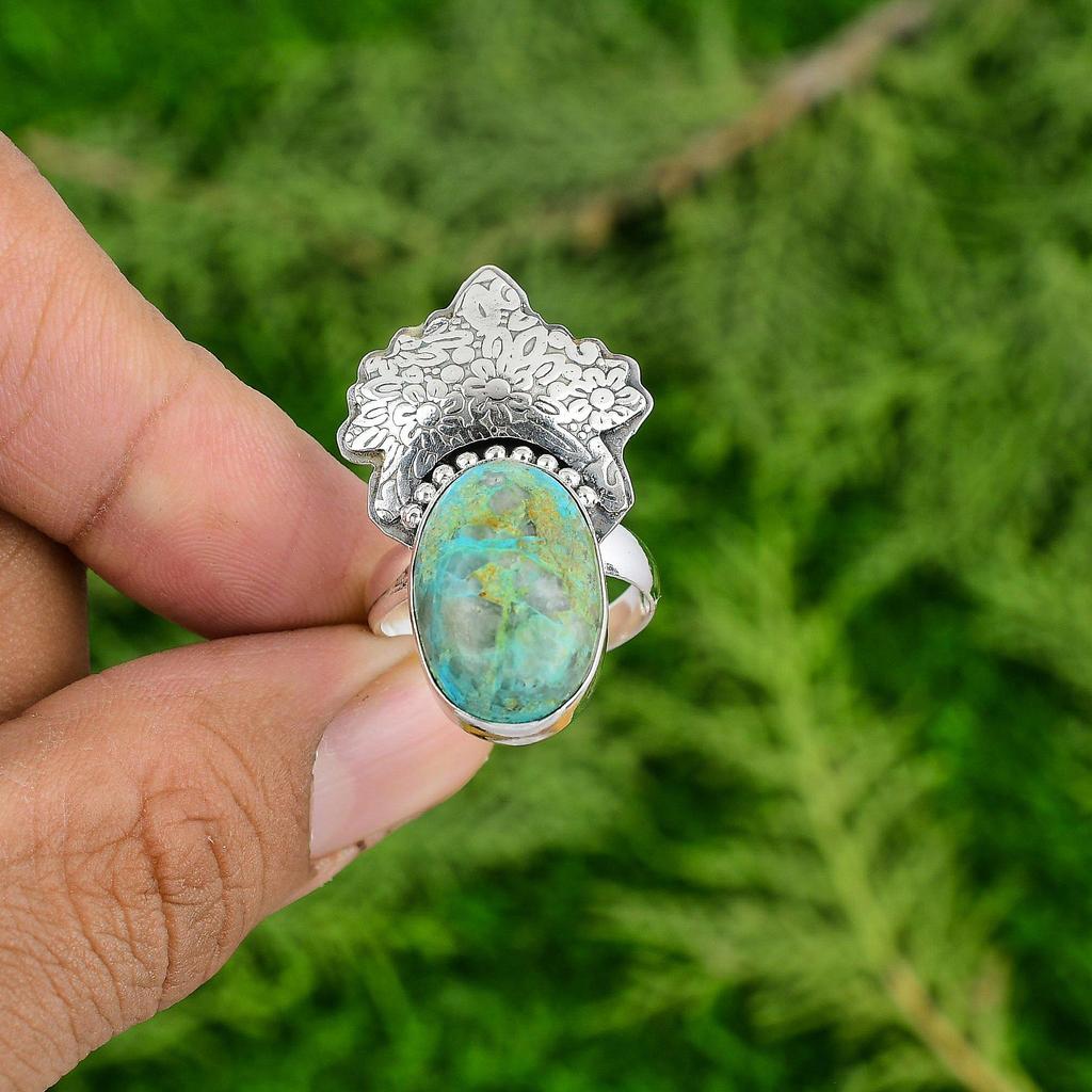 Shattuckite Gemstone 925 Silver Promise Mother Engagement Unique Boho Bezel Ring