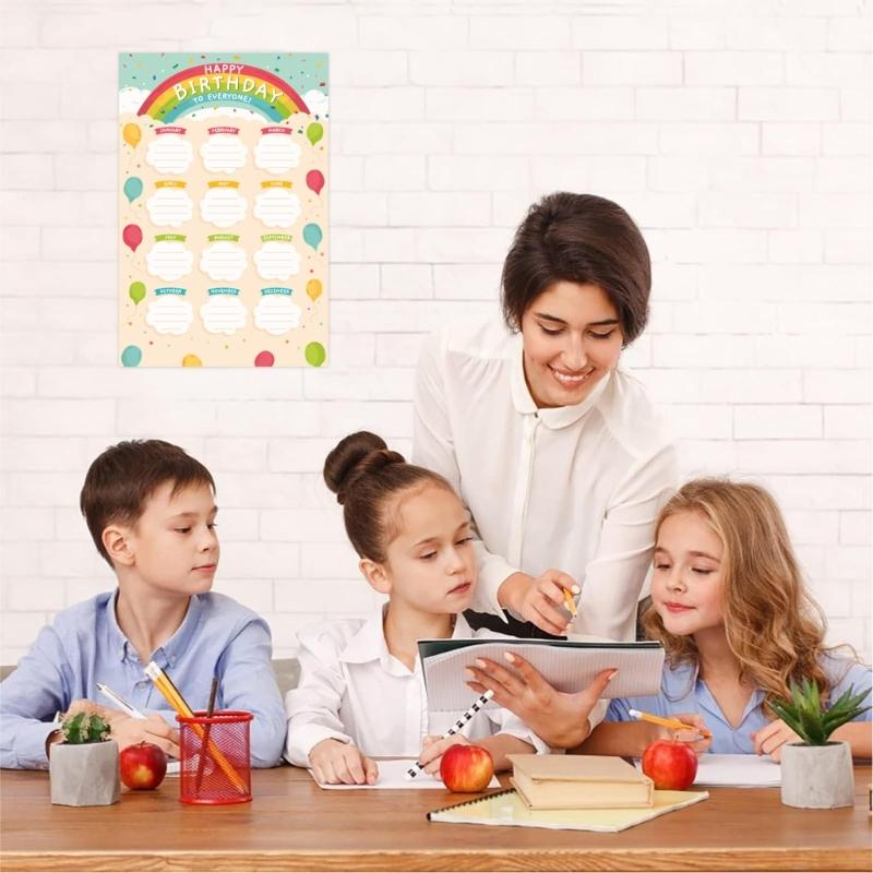 Teacher Birthday Board Poster Set, 4 Paper Classroom Charts with Monthly Name Sections for School Display and Daycare Use