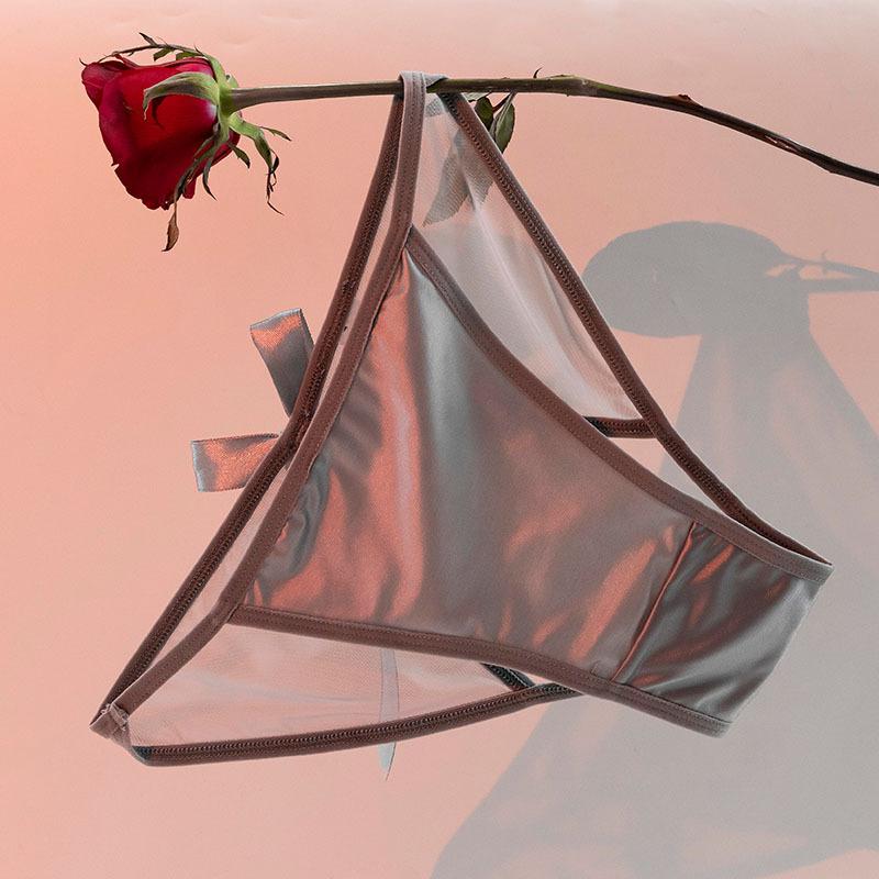 Ladies Summer Satin Sexy Butterfly Ribbon High Split Perspective Non Mark Briefs