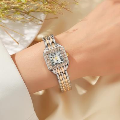 Damenmode Quadratisches Zifferblatt Römische Ziffern Voller Kristalle Stahlband Quarz Uhr