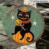 2D Flat, 1pc Weather Resistant Round Metal Aluminum Halloween Plaque, Primitive Vintage Black Cat On Pumpkin Star Art, Farmhouse Decor, Halloween