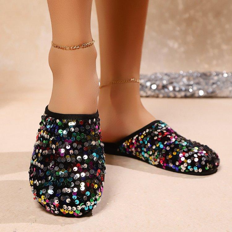 Foreign trade color sequined bag head half slippers women's summer wear 2025 new flat-bottomed large-size lazy cool slippers