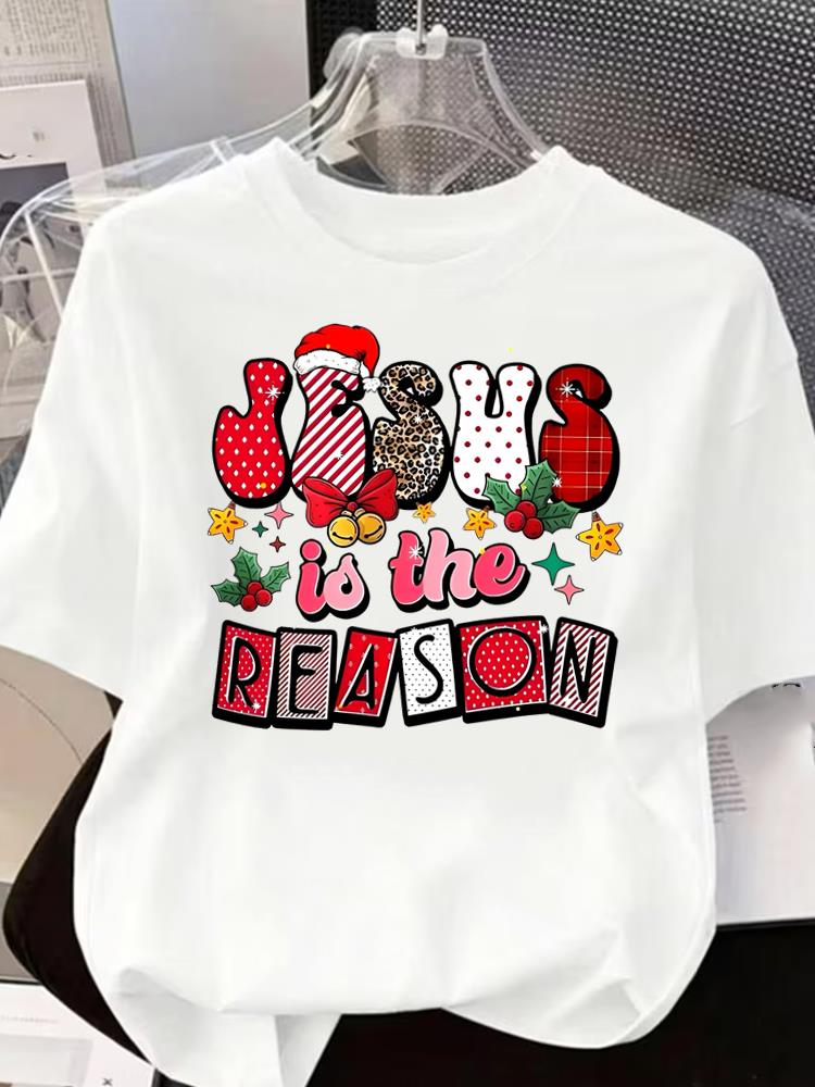 (Asian Size) Tree Cute 90s O-neck T Shirt Short Sleeve T-shirts Merry Christmas Fashion Women's Top Print Casual New Year Clothing Graphic Tee