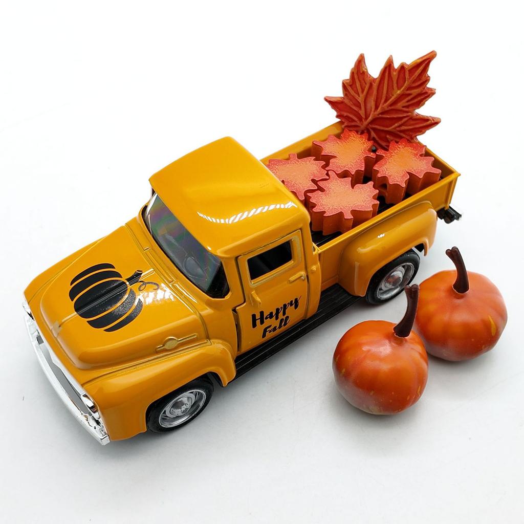 Vintage Metal Pickup Truck Model With Pumpkin Maples Leaf Ornaments Autumn Harvest Thanksgiving Decors For Tiered Tray