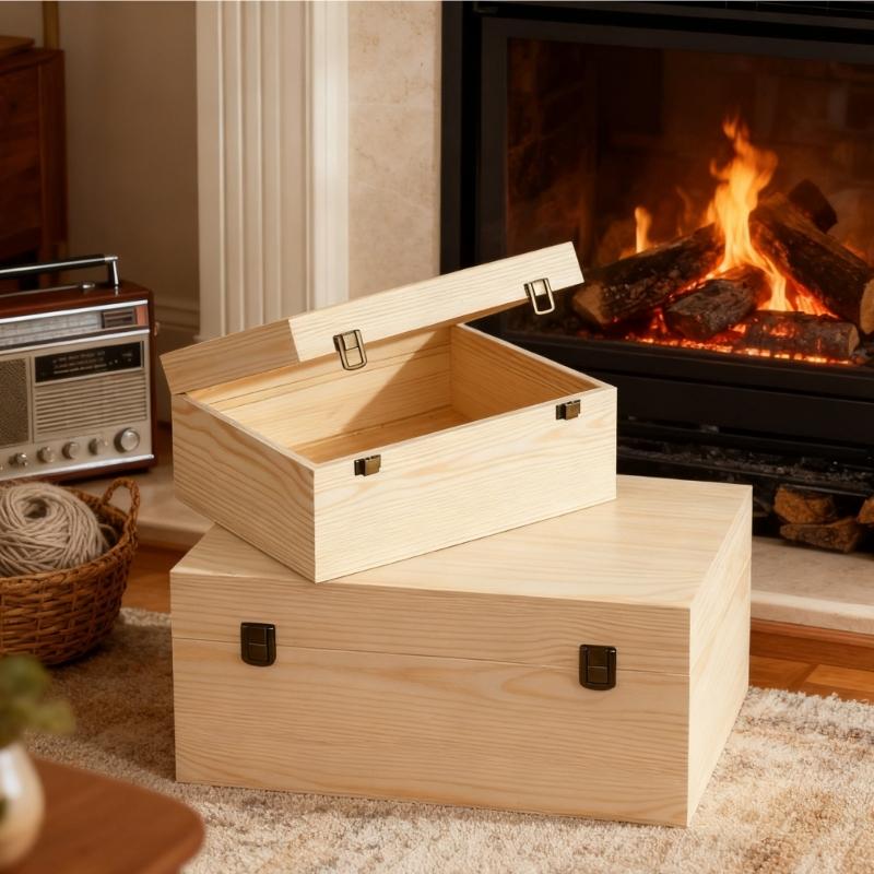 DIY Unfinished Wood Storage Box Large Unfinished Wooden Box with Hinged Lid and Front Clasp for Arts Gifts Jewelry