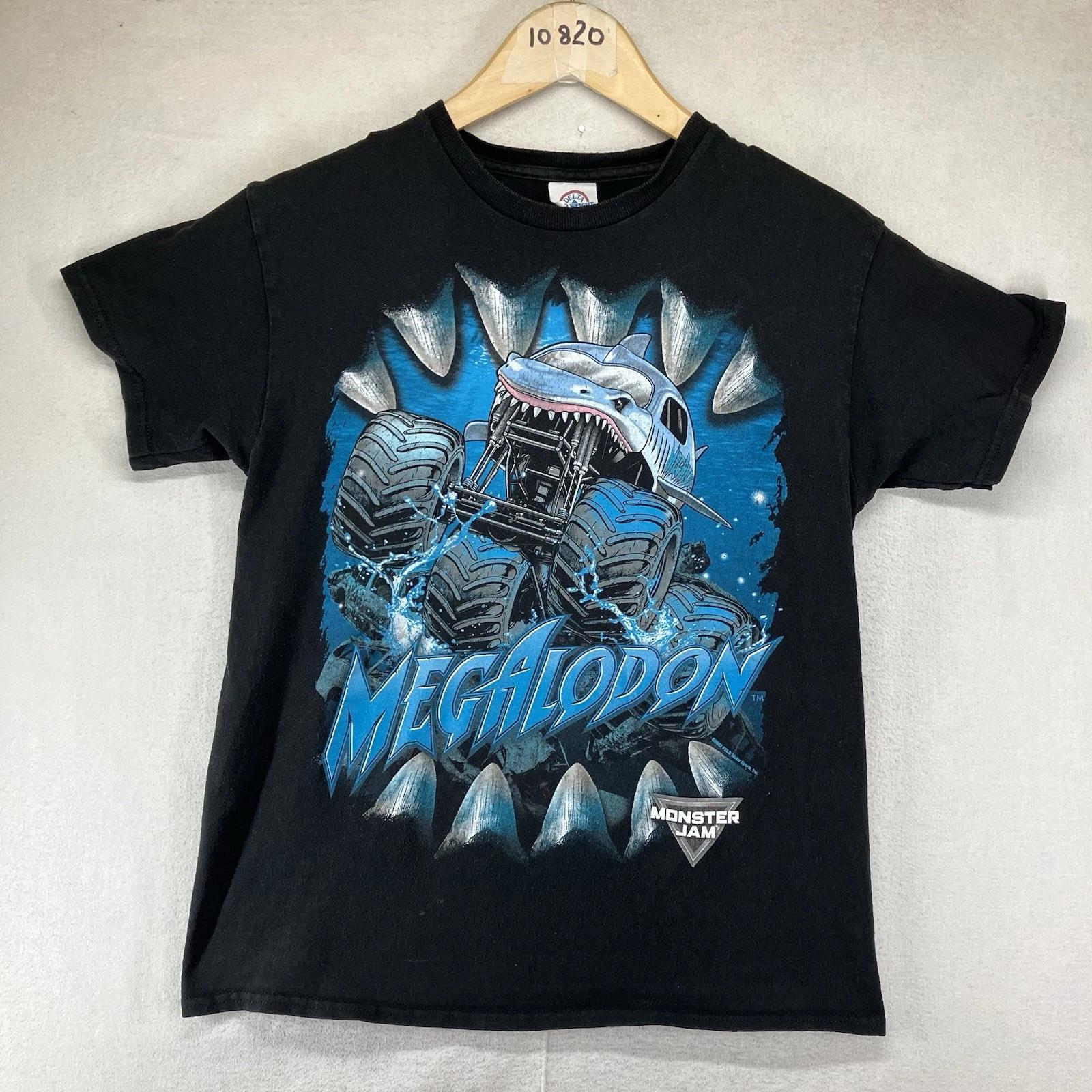 Boys Monster Jam Truck T Shirt Large Megalodon Shark Retro Faded Black 2023 M