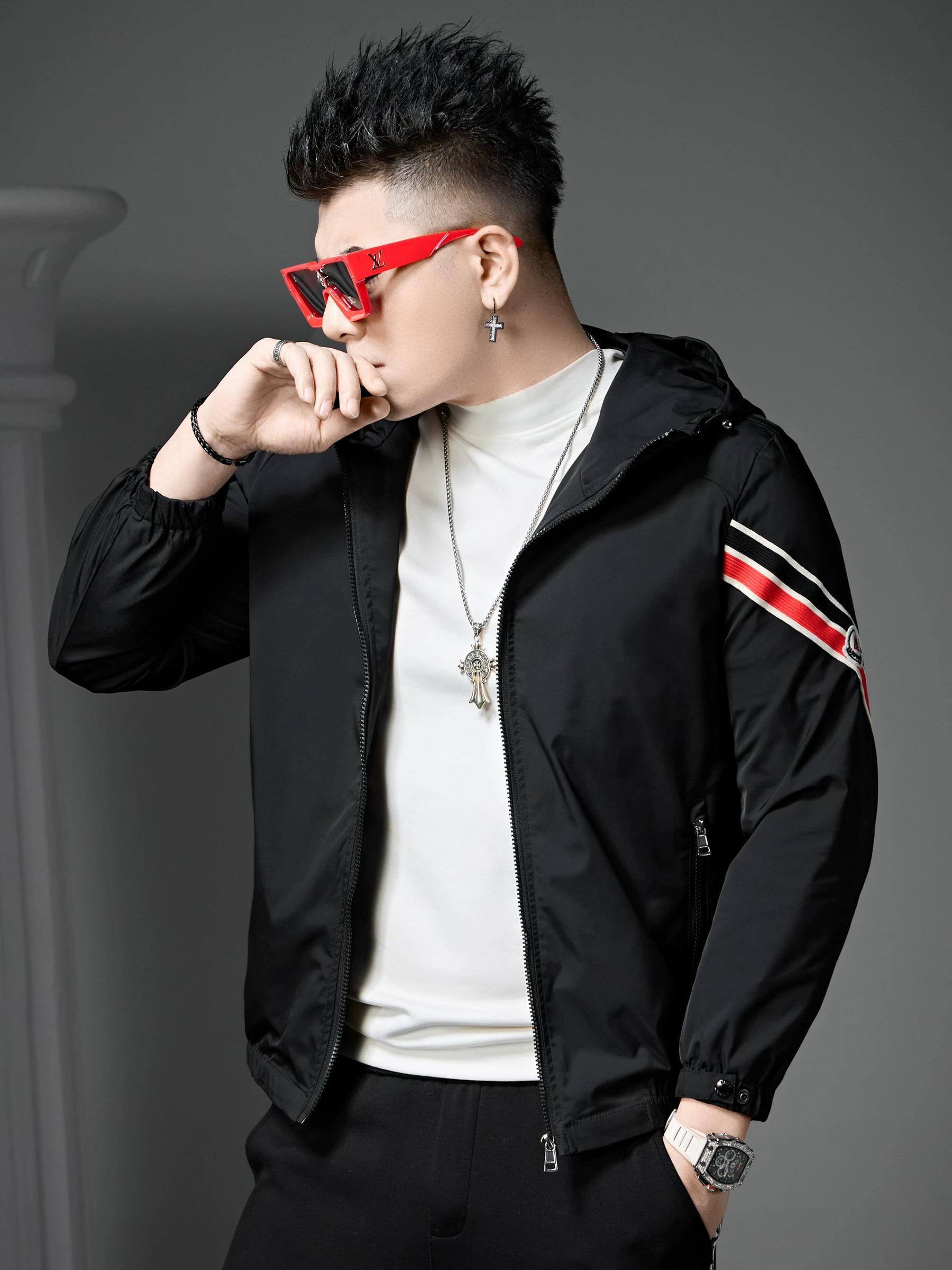 European Goods 2025 Autumn New High Sense Hoodie Men s Fashion Ribbon Patchwork Casual Jacket Men s Clothes 4XL (90-97.5kg)