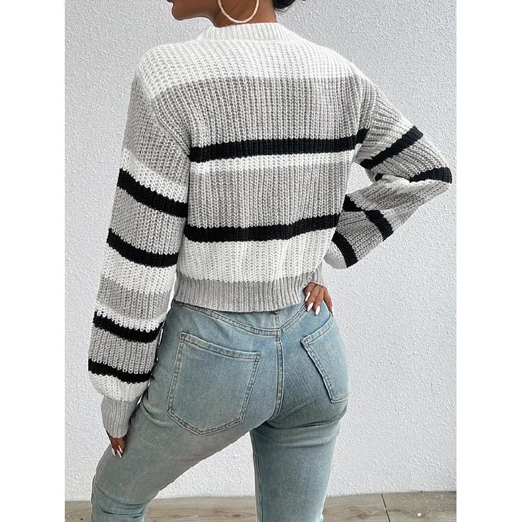 2026 Autumn and Winter Hot Sale New Acrylic Loose Drop Shoulder Round Neck Color Matching Knitted Long Sleeve Ladies Sweater