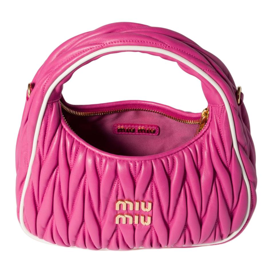 MIU MIU Wander Series Logo Falten-Design Nappaleder Schulter-Crossbody-Tote-Tasche Damenhandtaschen Kirschrot Weiß 5BC125_2IBS_F0F6W_V_OOF
