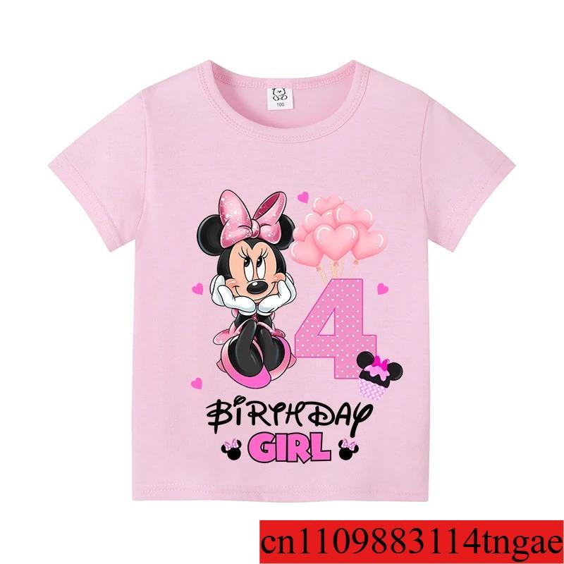 Disney Minnie Mouse Birthday Number T-Shirts Cartoon Girls Party Clothes Toddler Tops Summer Short Sleeves Cotton Tees Kids Gift