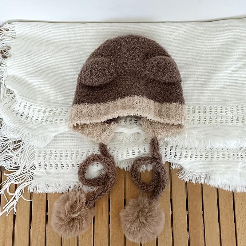 Autumn And Winter  Color Matching Bear Ear Strap Lei Feng Hat For Women Korean Cute Warm Ear Protection Knitted Wool Hat
