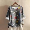 Women's Casual Mid-sleeve Round Neck Retro Floral Print Cotton And Linen Top