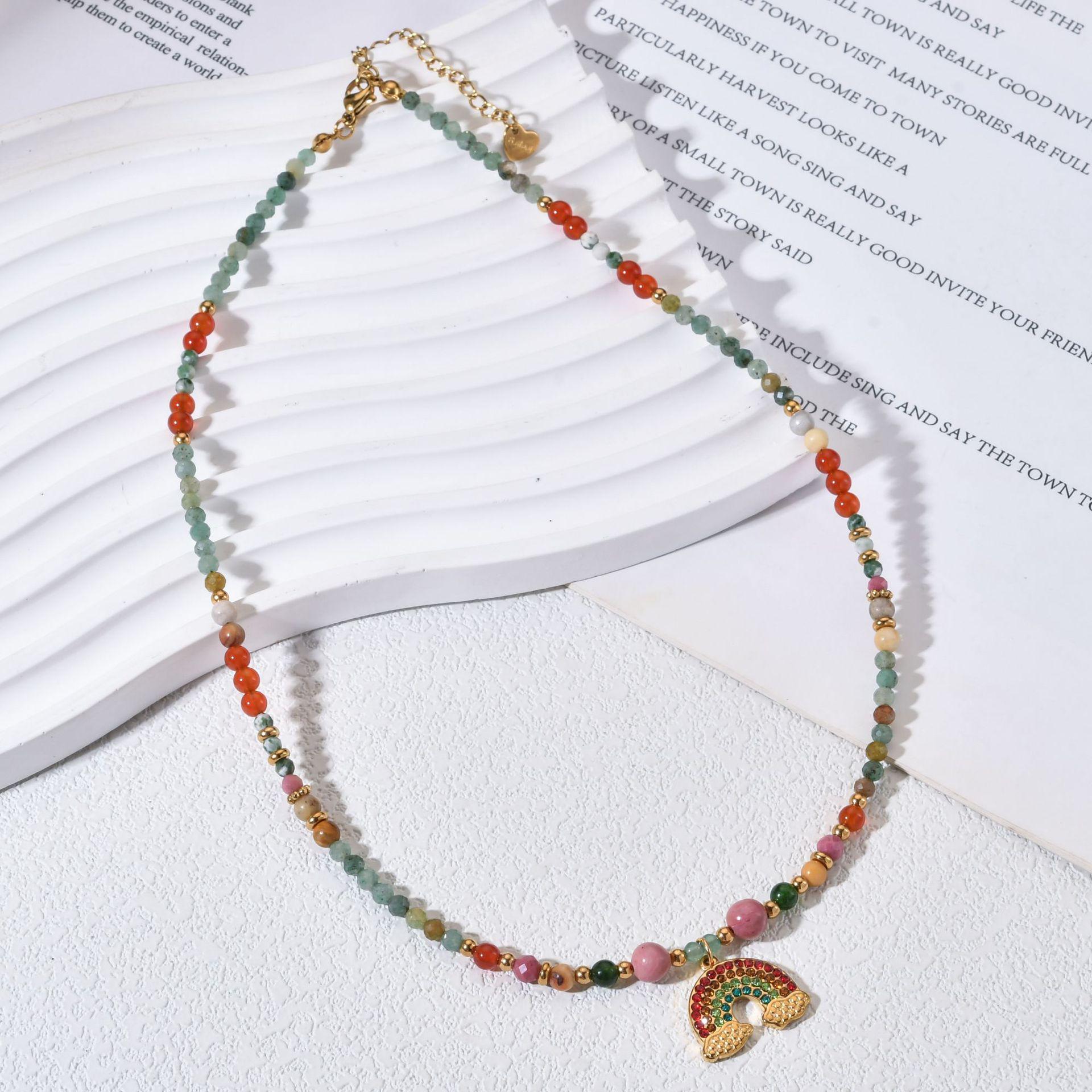 Elegant Natural Stone Agate Beaded Necklace for Women – High-End Rainbow Dopamine Style Collarbone Chain