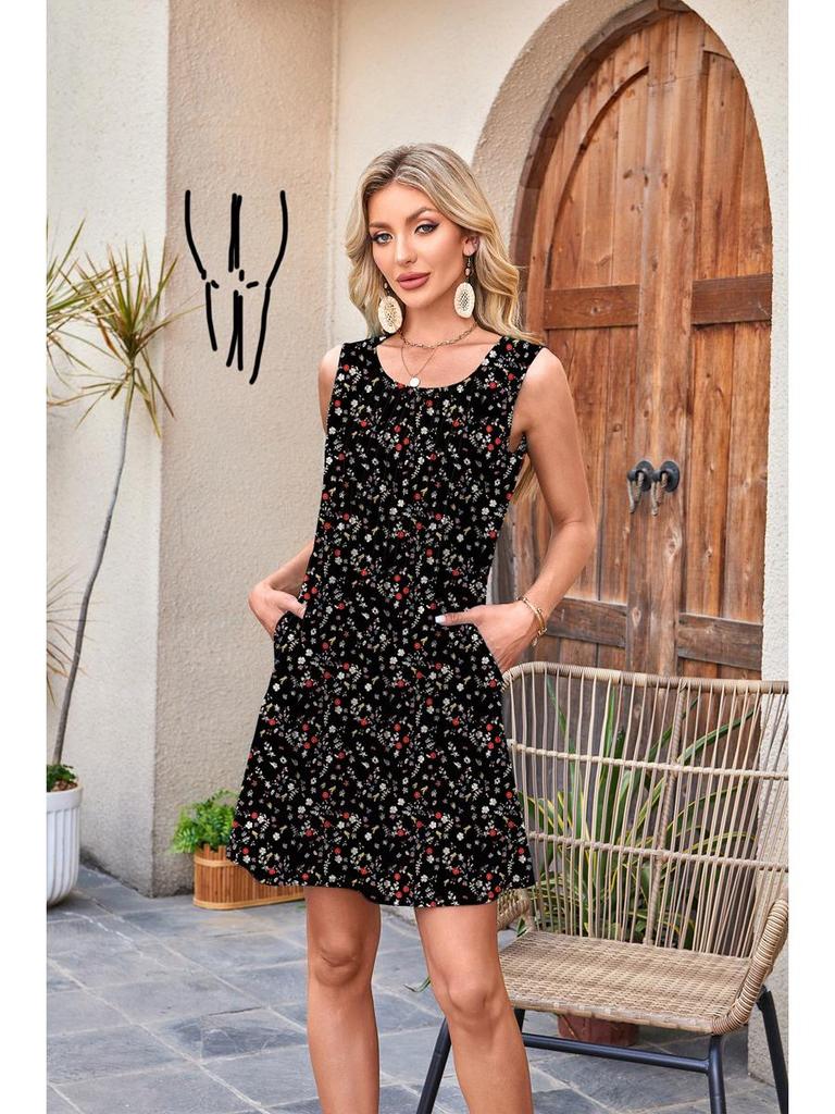 European American Women's Sleeveless Drawstring Pocket Dress - Round Neck Print